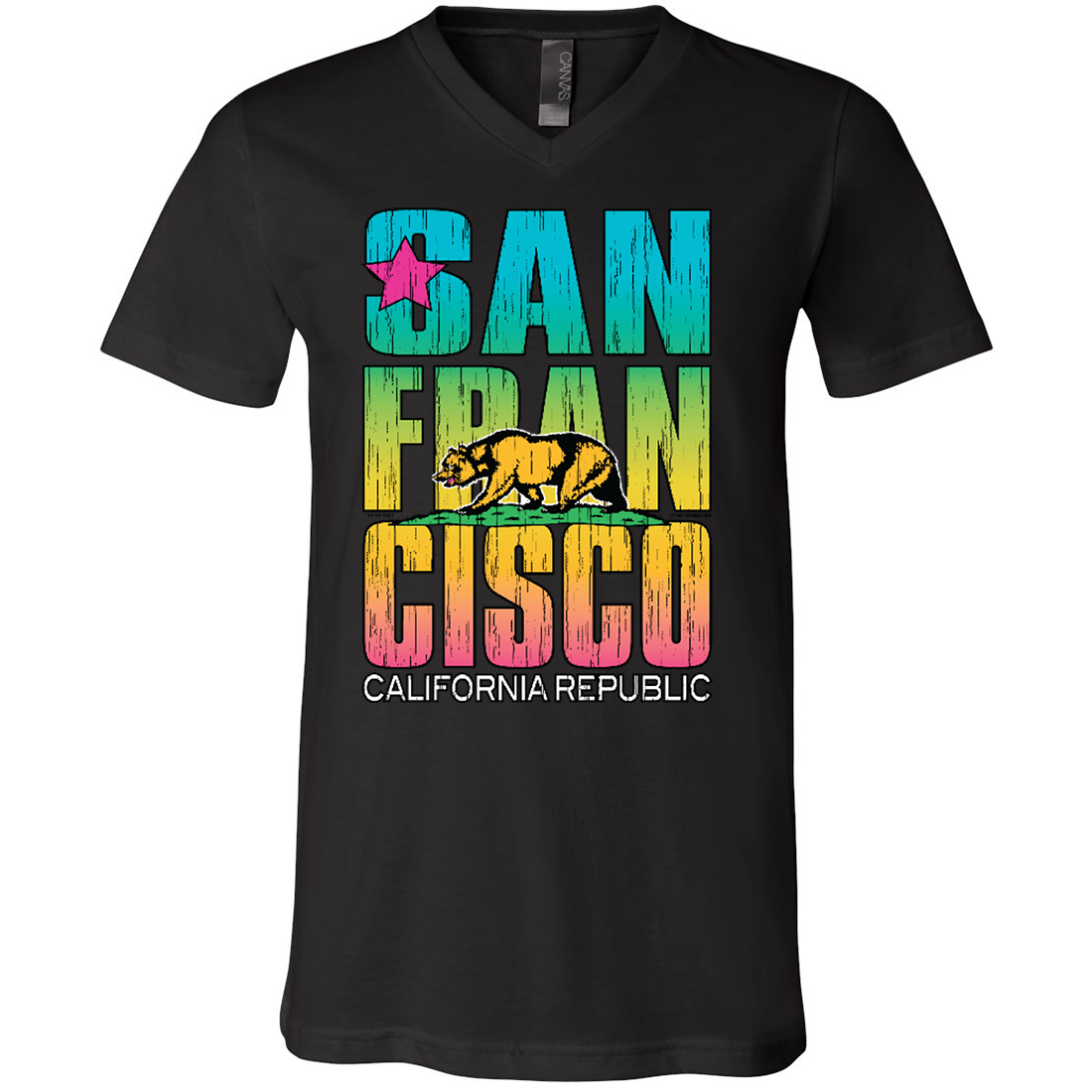 San Francisco California Neon Rainbow Asst Colors V-Neck